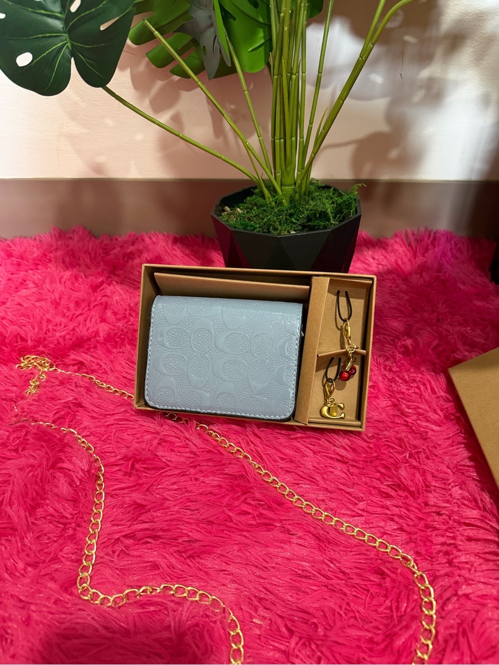Coach Light Blue Signature Embossed Leather Wallet with Gold Chain Strap